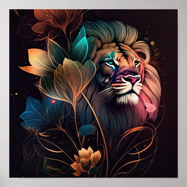 Affiche Imaginaire, magnifique lion avec fleurs art IA (Devant)
