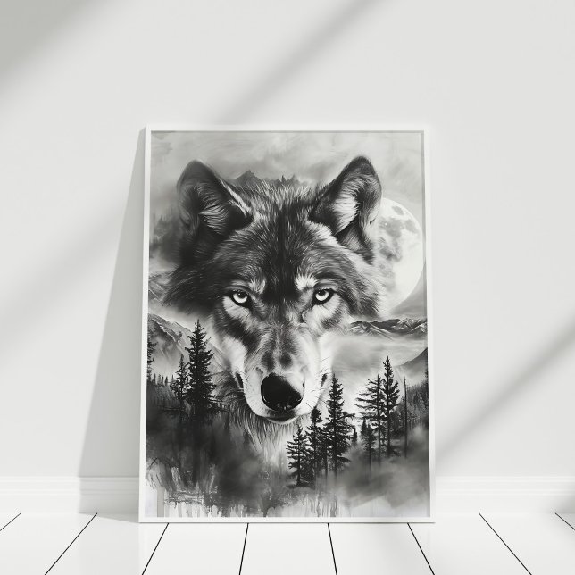 Affiche Imaginaire noir et blanc Lune de montagne Wolf (Black and White Fantasy Wolf Mountain Moon Poster in white frame on white wooden floor.)
