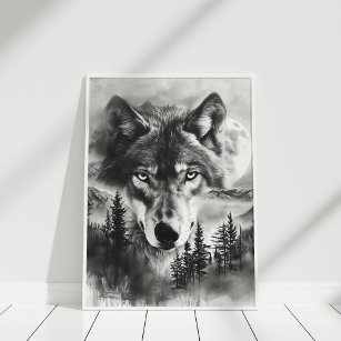 Affiche Imaginaire noir et blanc Lune de montagne Wolf