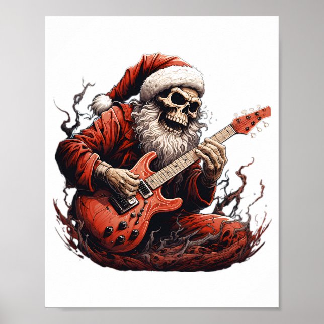 Affiche Imaginaire Skull Skeleton Père Noël Jouer Guitare  (Devant)