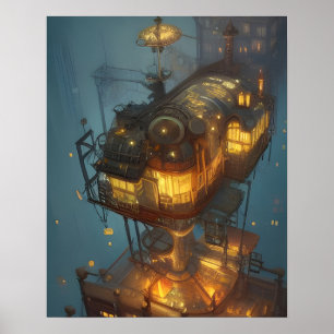 Affiche Imaginaire Steampunk City Vue aérienne