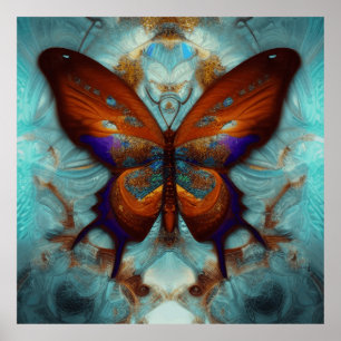 Affiche Imaginaire Steampunk Orange Butterfly Aqua Aquarel