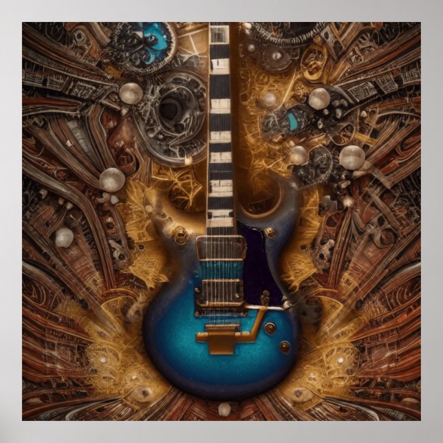 Affiche Imaginaire Steampunk Vintage Blue Guitare Aquarell (Devant)