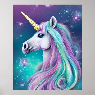 Affiche Imaginaire Unicorne avec cheveux bleu et rose