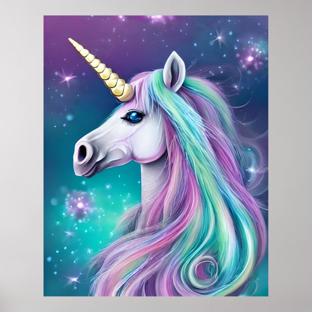 Affiche Imaginaire Unicorne avec cheveux bleu et rose (Devant)