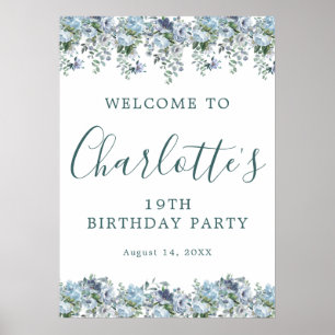 Affiche Imprimable 19e anniversaire Blue Floral Bienvenue