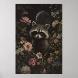 Affiche Imprimable d'art botanique sombre de raton laveur