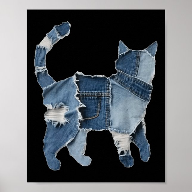 Affiche Imprimé animal de chat en patch en denim drôle rét (Devant)