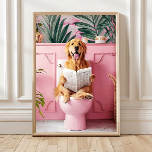 Affiche Imprimé Chien de Bain Golden Retriever sur Toilett