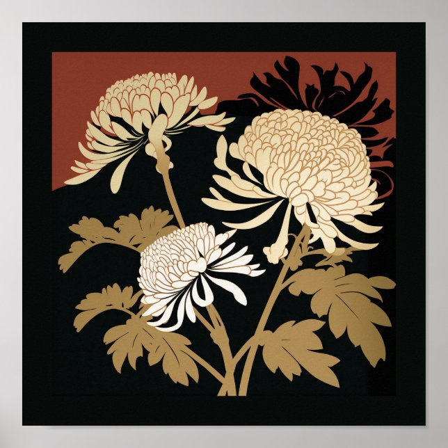 Affiche imprimé chrysanthème japonais | noir & marron (Devant)