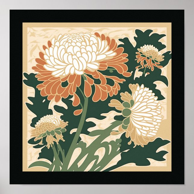Affiche imprimé chrysanthème japonais | vert et orange (Devant)