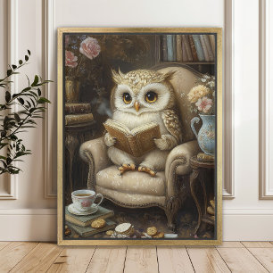 Affiche Imprimé d'art de chouette de lecture fantaisiste a