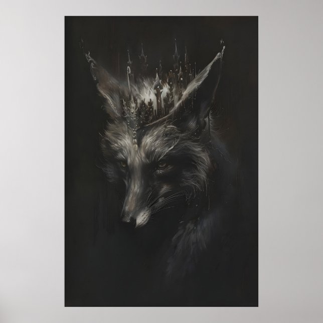 Affiche Imprimé d'art de renard argenté couronné, décorati (Devant)