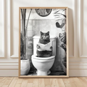 Affiche Imprimé de chat de salle de bain noir et blanc, Af