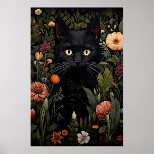 Affiche Imprimé de chat noir amateur de fleurs, Chat flora