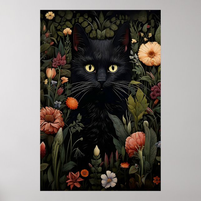 Affiche Imprimé de chat noir amateur de fleurs, Chat flora (Devant)