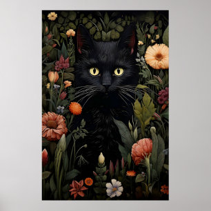 Affiche Imprimé de chat noir amateur de fleurs, chat flora