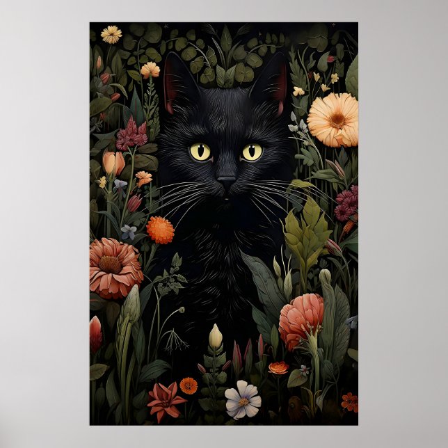 Affiche Imprimé de chat noir amateur de fleurs, chat flora (Devant)