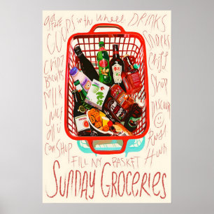 Affiche Imprimé de courses du dimanche Panier rouge, Foodi