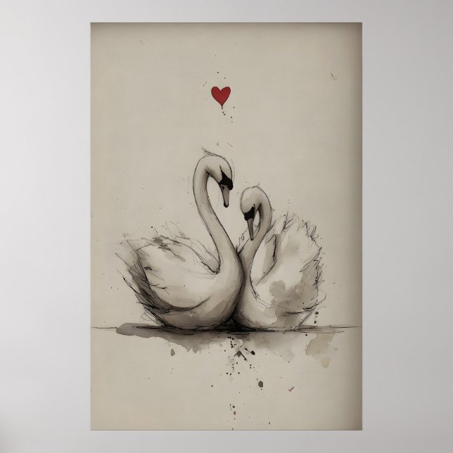 Affiche Imprimé de la Saint-Valentin Cygnes Amour, Cœur (Devant)