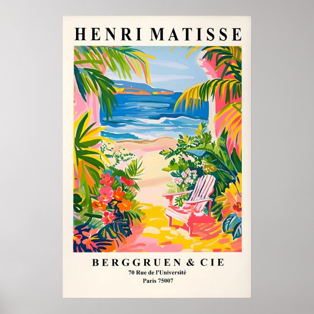 Affiche Imprimé de plage tropicale rose style Matisse côti (Devant)