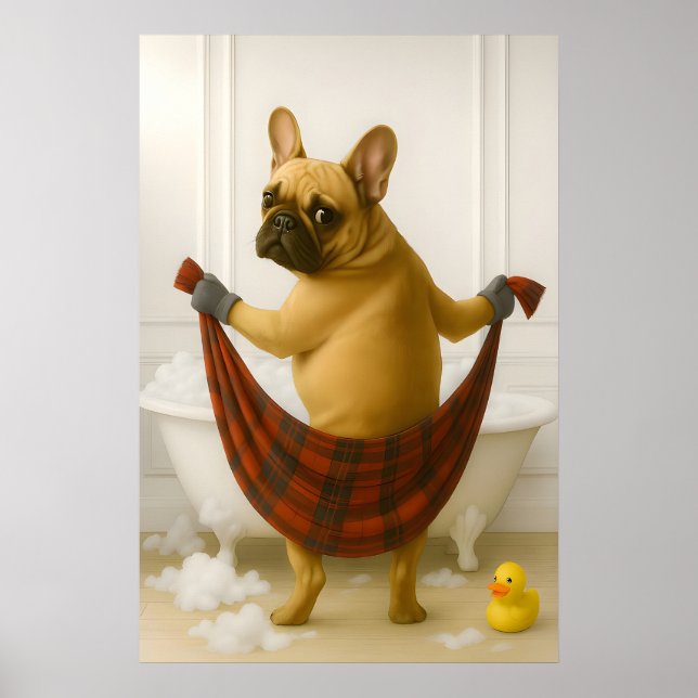 Affiche Imprimé de salle de bain drôle de Bouledogue Franç (Devant)