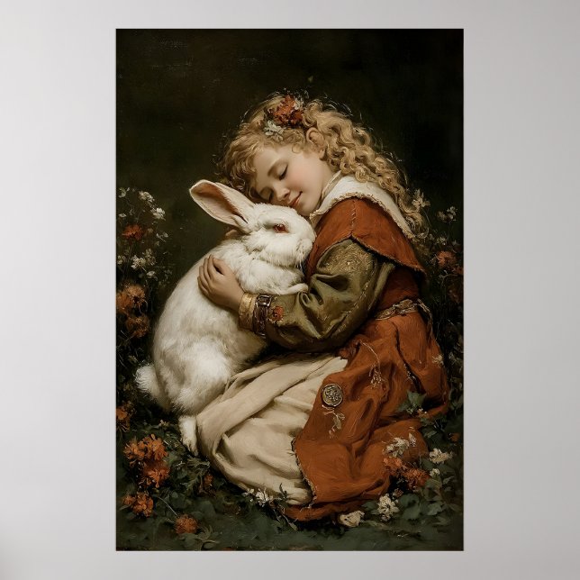 Affiche Imprimé Fille Et Lapin, Imprimable Lapin Antique (Devant)