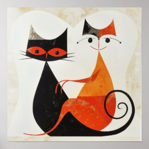 Affiche Imprimé Mid Century Art Cat Duo
