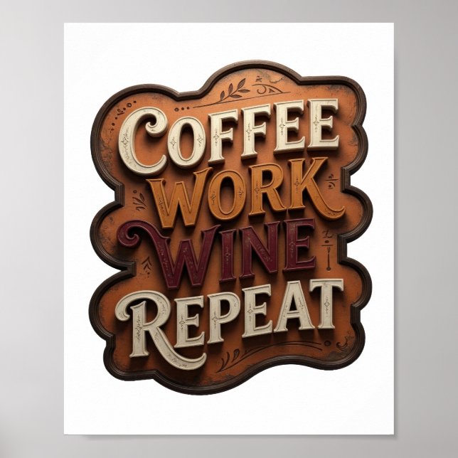 Affiche Imprimé Orange COFFEE WORK WINE REPEAT Iconique (Devant)