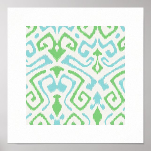 Affiche imprimé tribal chic moderne bleu vert ikat motif (Devant)