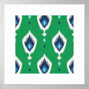Affiche imprimé tribal chic moderne bleu vert ikat motif