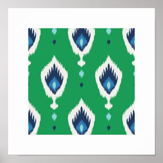 Affiche imprimé tribal chic moderne bleu vert ikat motif (Devant)