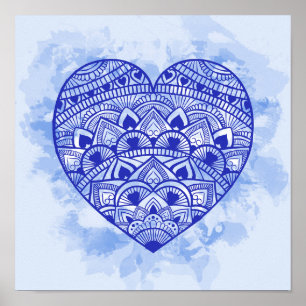 Affiche Imprimer l'aquarelle bleue Mandala Heart
