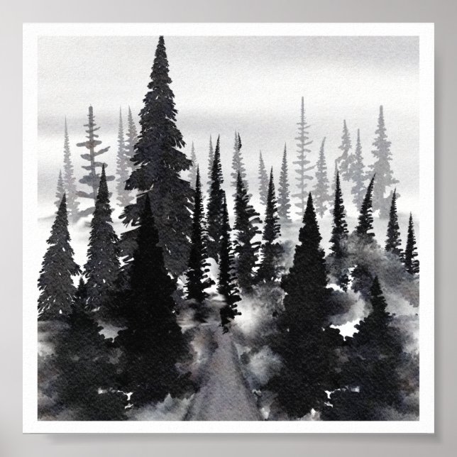 Affiche Imprimer l'aquarelle de la forêt de pin monochrome (Devant)