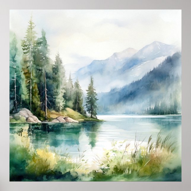 Affiche Imprimer l'aquarelle Mountain Lake (Devant)