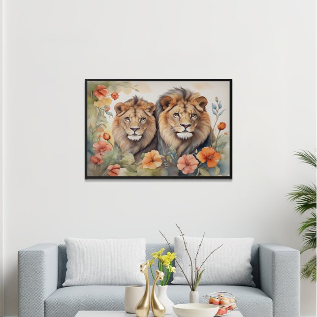 Affiche Imprimer Lion majestueux et aquarelle florale (Créateur téléchargé)