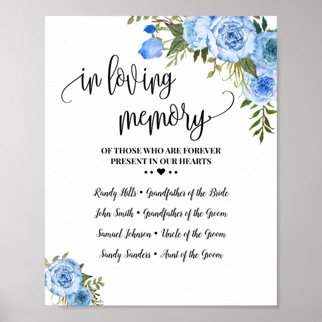 Affiche In Memoriam Souvenir Bleu floral Mariage (Devant)