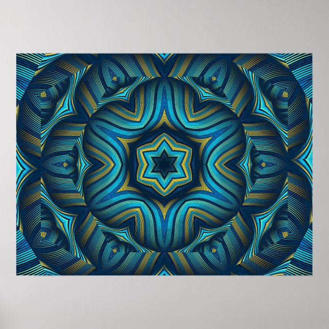 Affiche Incroyable art de mandala abstrait bleu et jaune (Devant)