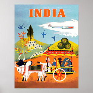 Affiche Inde, art traditionnel, gens dans des chars, vinta