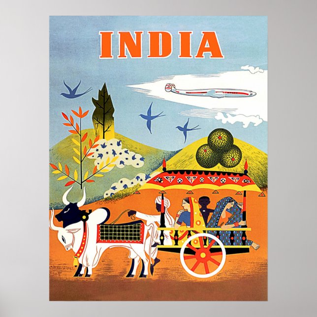 Affiche Inde, art traditionnel, personnes dans des chars,  (Devant)