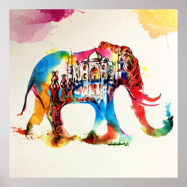 Affiche Inde Elephant Vintage voyage Love Aquarelle (Devant)