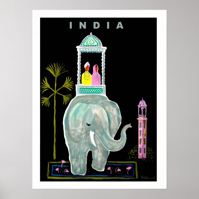 Affiche India, couple riding on blue elephant, painting (Devant)