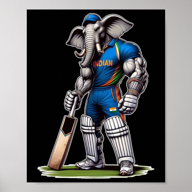 Affiche India Elephant Cricket Player Cricketer  (Devant)