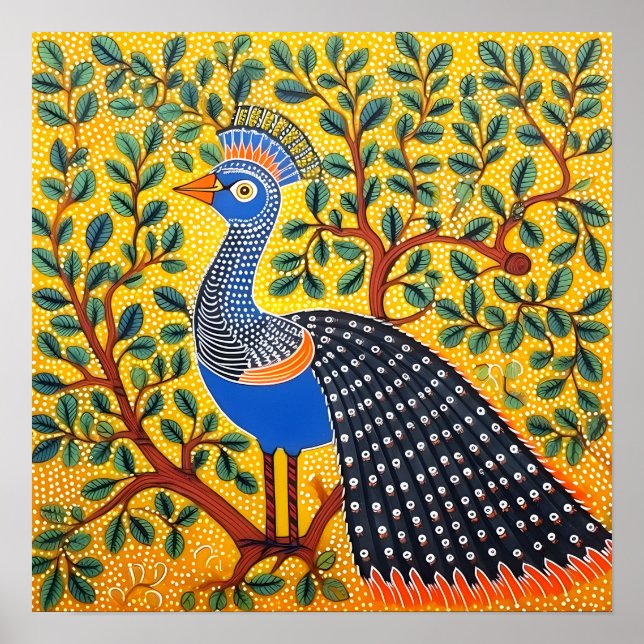 Affiche Indian Gond Art Peacock Jaune | Art de l'Inde (Devant)