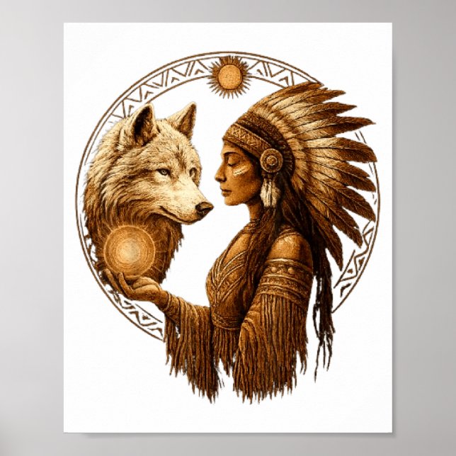 Affiche Indian Native American Woman With White Wolf Vinta (Devant)