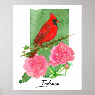Affiche Indiana State Shape Hoosiers Cardinal Peonies 