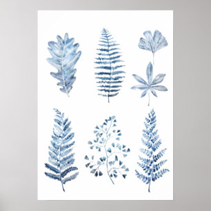 Affiche indigo bleu feuille collection aquarelle