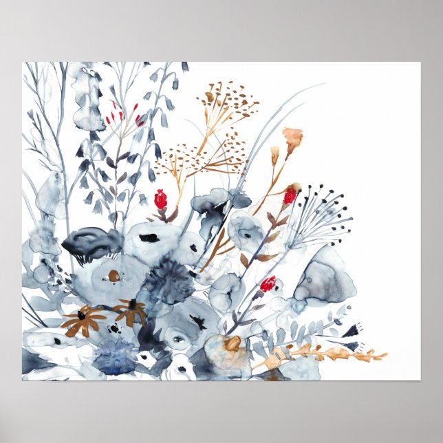 Affiche Indigo & Ochre - Fleurs aquarelles (Devant)