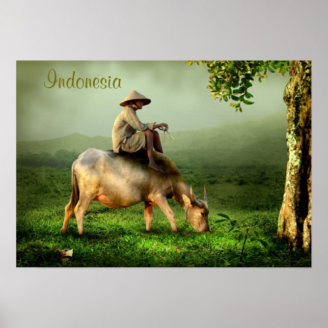 Affiche Indonesia Scenic landscape with Buffalo and Farmer (Devant)