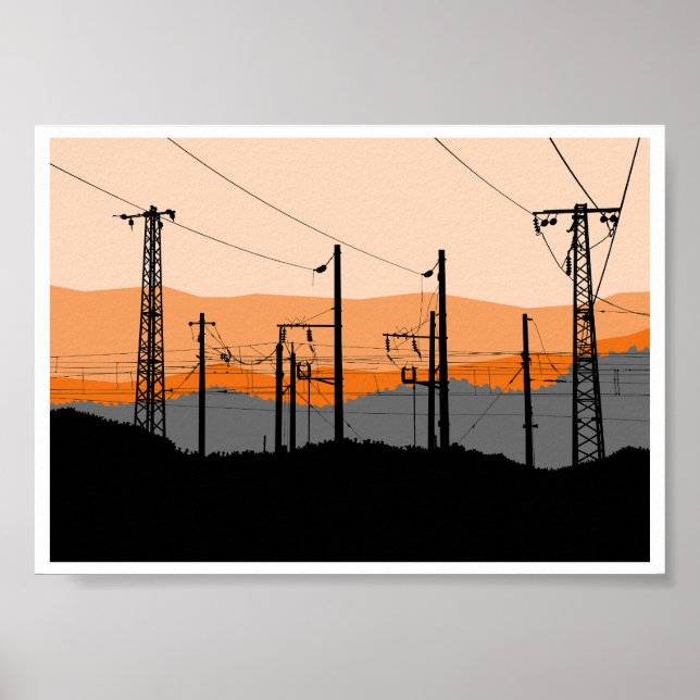 Affiche  Industrial Sunset Silhouette Power Lines  (Devant)